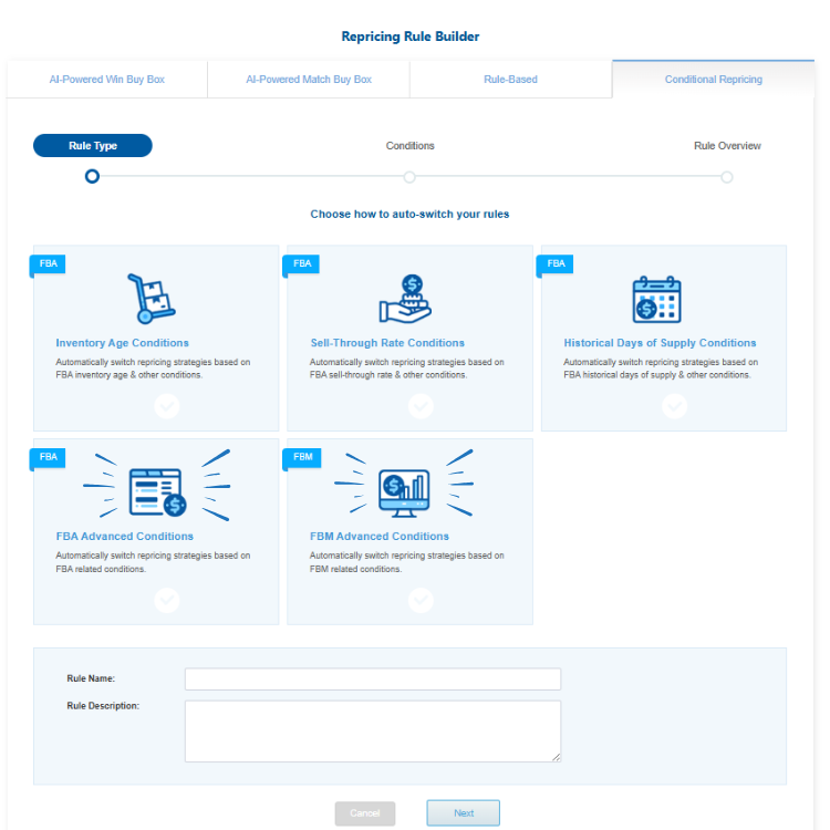 BQool Conditional Repricer Interface with FBA & FBM Conditions highlighted