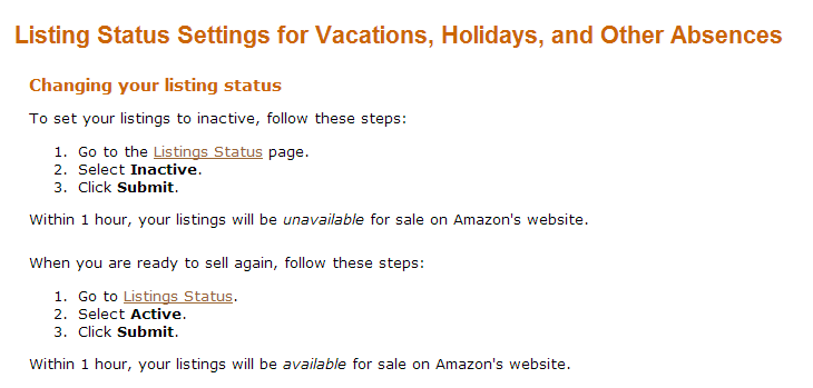 Change listing status settings on amazon for vacations, holidays and other absences
