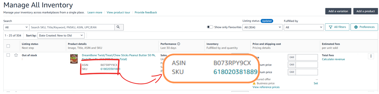 Amazon Seller Central UI, Manage Listings Tab, ASIN and SKU location