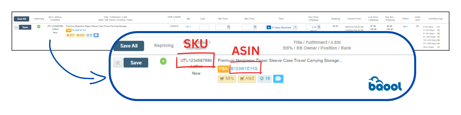 BQool Repricing Central Dashboard Interface ASIN and SKU Locations