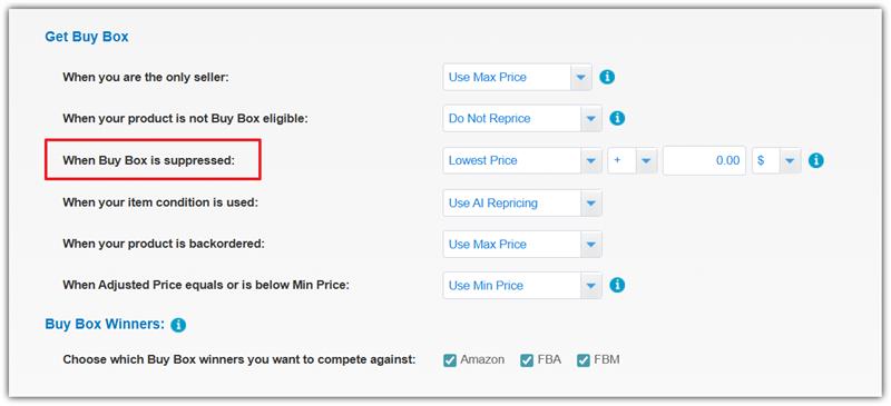 Screenshot of BQool's AI Repricer UI for Buy Box Suppressed situations