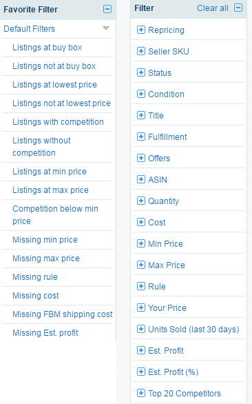 Repricing Central filters