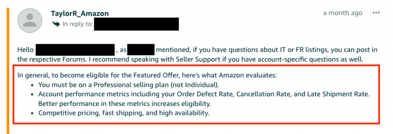 Amazon's reply before seller eligibility update