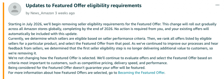 Amazon's updates to featured offer eligibility requirements