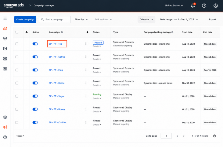 Select a campaign on Amazon Ads Console