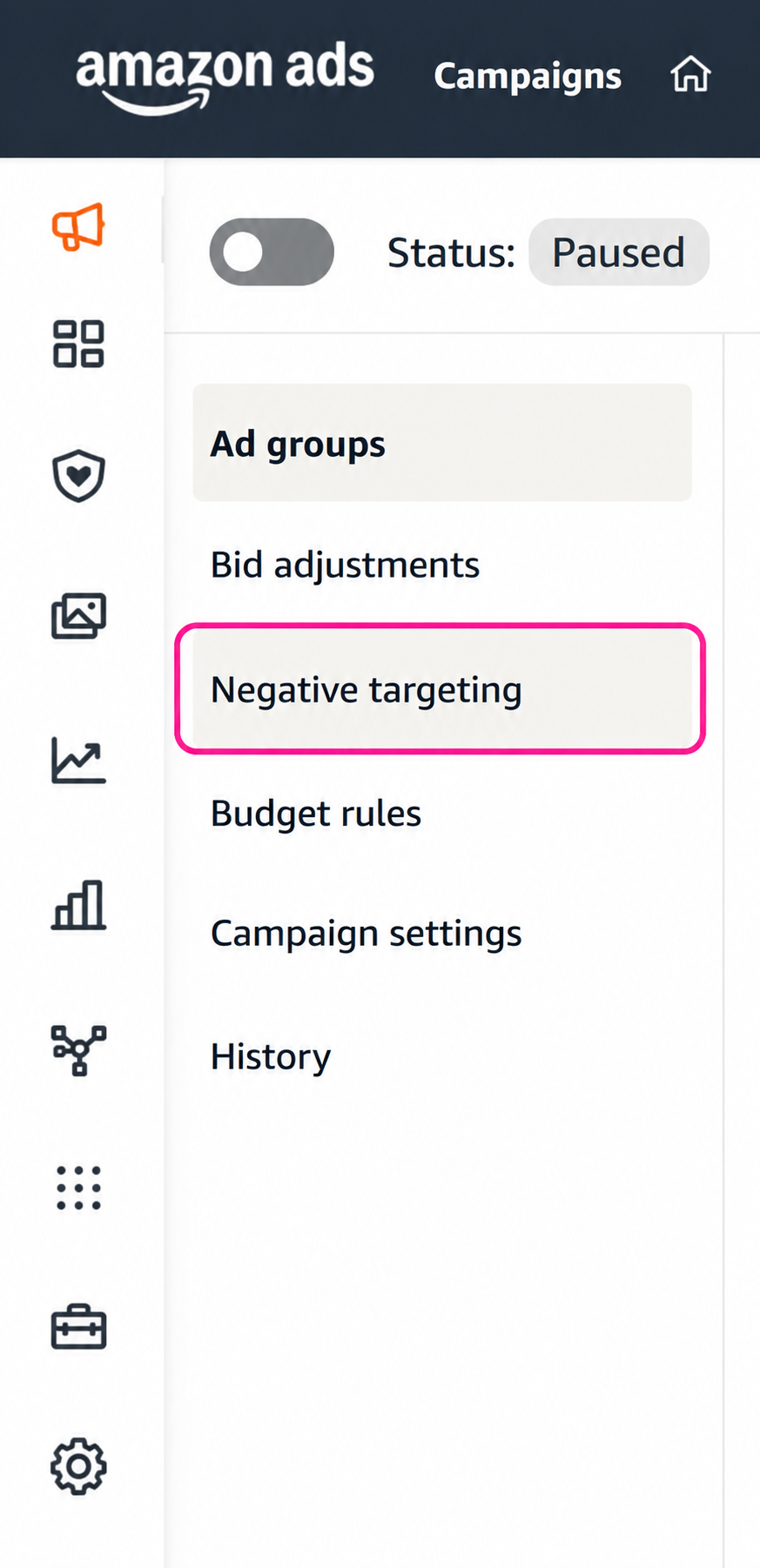 Negative keywords tab on Amazon Ads Console