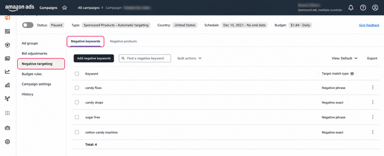 Add negative keywords on Amazon Ads Console