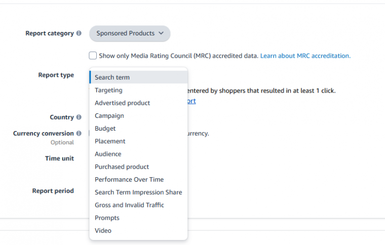 Selecting Report Type on Amazon Seller Central for Amazon Reports