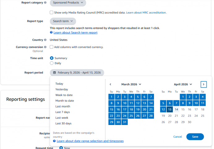 Image showing user selecting time and date range for a report on Amazon