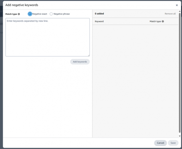 Adding negative keywords on Amazon Ads Console
