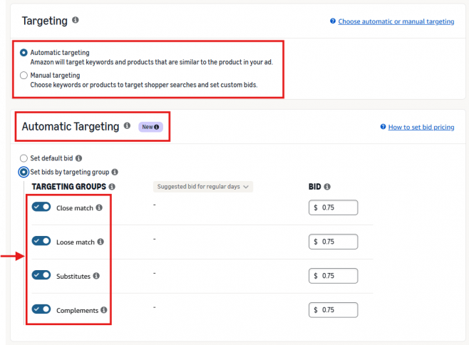 Amazon Ads campaign setup showing automatic targeting selected with separate bids for close match, loose match, substitutes, and complements.