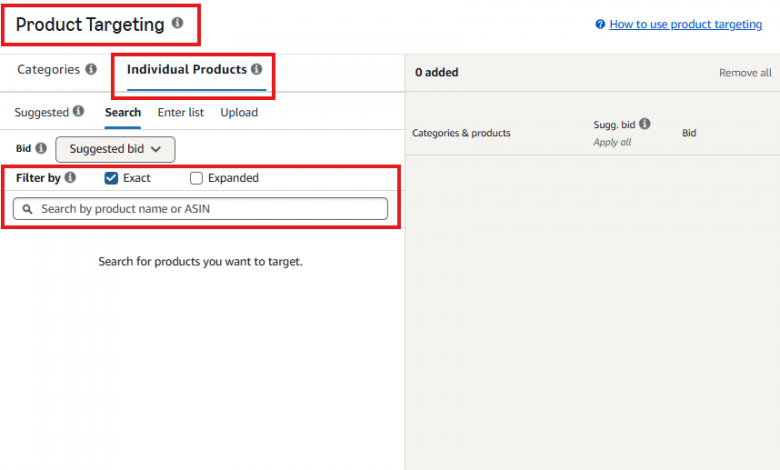 Amazon Ads Individual Products targeting tab with Exact and Expanded filters and search by product name or ASIN.
