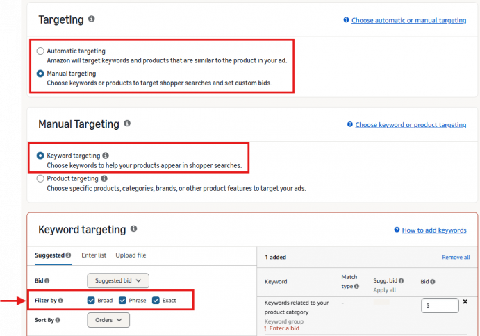 Amazon Ads manual keyword targeting settings with Broad, Phrase, and Exact match type filters highlighted.