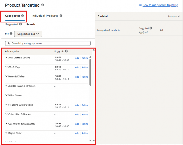 Amazon Ads Product Targeting Categories tab showing searchable product categories with suggested bid information.