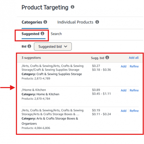 Amazon Ads Product Targeting Suggested tab showing recommended categories with suggested bids and options to add or refine targets.