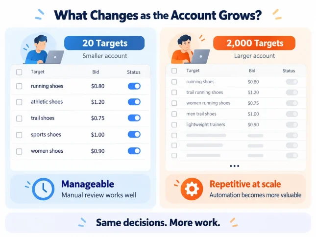 Comparison of 20 and 2,000 Amazon PPC targets showing how manual management becomes more repetitive as accounts grow.