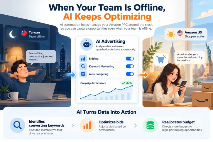 AI advertising continues optimizing keywords, bids, and budgets while a Taiwan-based team is offline and US shoppers are active.