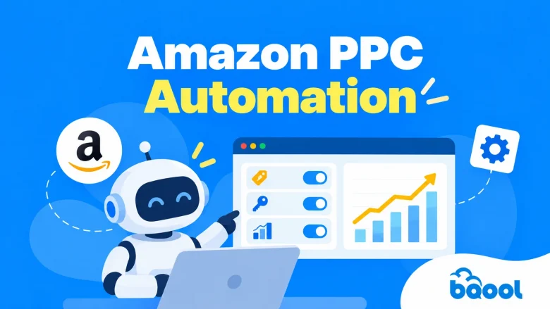 Amazon PPC automation banner featuring an AI assistant, automated advertising controls, and campaign analytics.