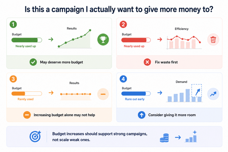 Four campaign budget scenarios showing when stronger performance may justify more budget and when inefficiency should be fixed first.