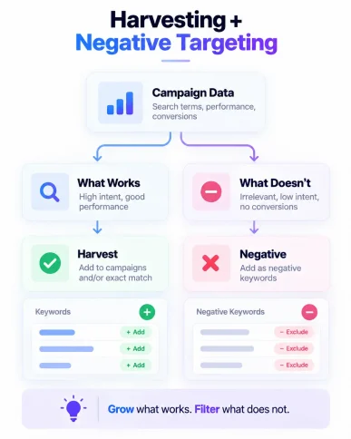 Amazon PPC search term optimization workflow showing how effective targets are harvested and irrelevant traffic is excluded.