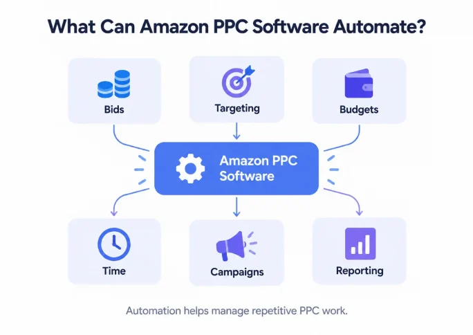 Amazon PPC automation features covering bids, targeting, budgets, time-based optimization, campaigns, and reporting.