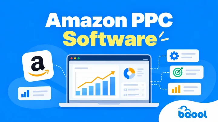 Amazon PPC software illustration featuring an advertising dashboard, performance charts, and automation tools.