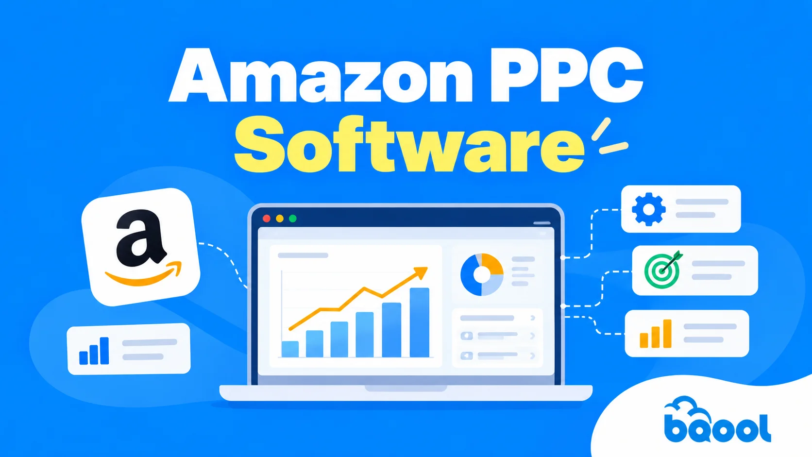 Amazon PPC software illustration featuring an advertising dashboard, performance charts, and automation tools.