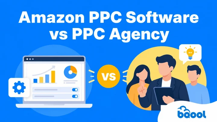 Amazon PPC software vs PPC agency, illustrated with an automated dashboard and a team of advertising specialists.