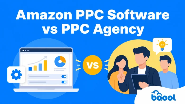 Amazon PPC software vs PPC agency, illustrated with an automated dashboard and a team of advertising specialists. 