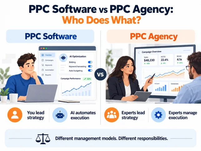 PPC software versus PPC agency comparison showing who manages advertising strategy and recurring campaign execution. 