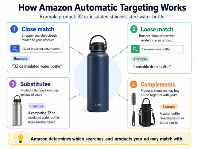 Amazon Sponsored Products automatic targeting explained through close match, loose match, substitutes, and complements.