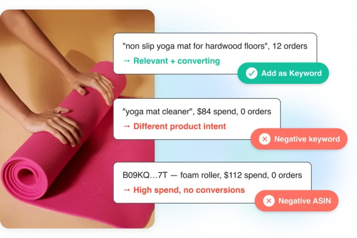 BQool AI-Harvesting evaluates yoga mat search terms and ASINs to add relevant keywords and negate wasteful traffic.