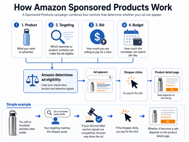 Amazon Sponsored Products workflow showing how product, targeting, bid, and budget influence ad eligibility, clicks, and product detail page visits.