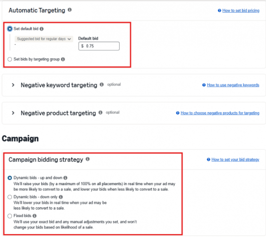 Screenshot of Automatic Targeting and Campaign Bidding Strategy