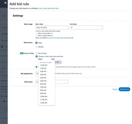 Add bid rule on Amazon Ads Console