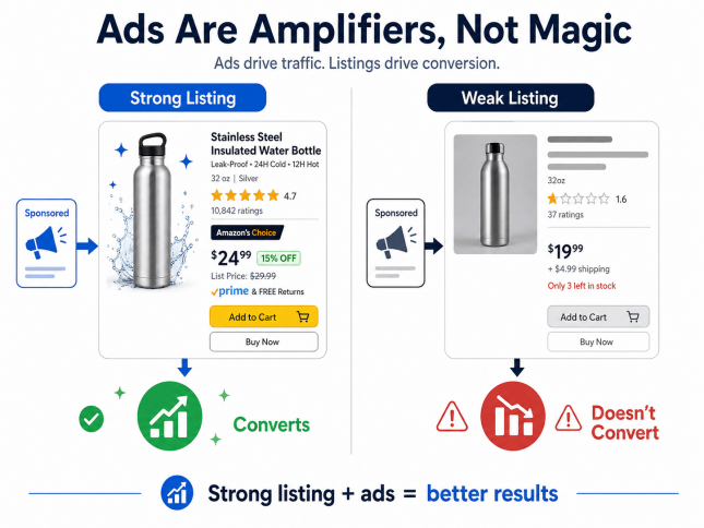 Sponsored Products traffic converts with a strong product listing but performs poorly when the listing is weak.