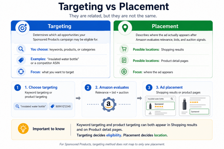 Sponsored Products comparison showing targeting determines eligible ad opportunities while placement determines where an ad appears.
