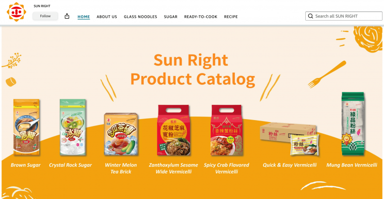 Sun Right Amazon Store product catalog featuring noodles, vermicelli, and sugar products