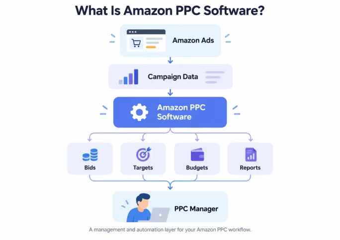 Diagram showing Amazon Ads data flowing into PPC software to manage bids, targets, budgets, and reports.